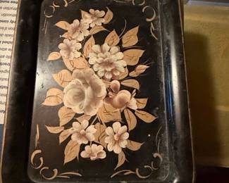 Vintage Black Toleware Hand Painted Floral Tray