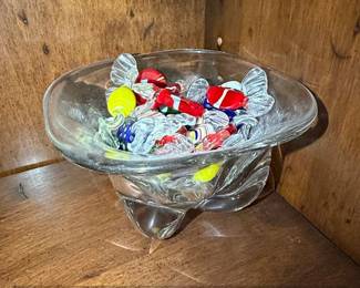 Murano Style Glass Candy Dish with Assorted Glass Candy Figurines
