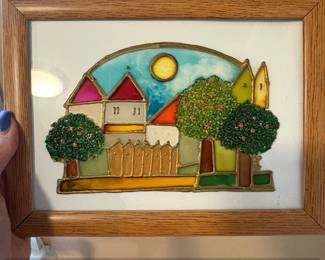 Framed Faux Stained Glass Suncatcher Village Scene