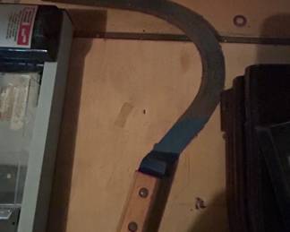 Vintage Ames Scythe Sickle with Blue Blade and Wooden Handle