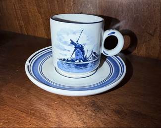 Delft Blue Hand Painted Windmill Mug and Saucer Set