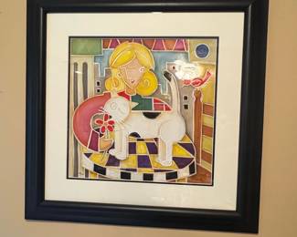 Eric Waugh Style Woman with Cat Serigraph