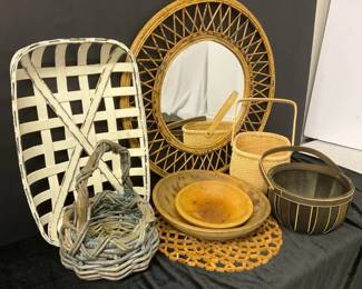 Large Wicker Mirror, Wood Bowls  Baskets