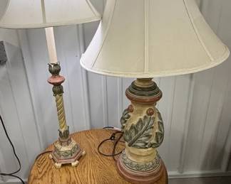 Round Oak Table  Two Lamps
