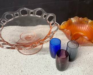 Vintage Lancaster Round Compote, Marigold Carnival Glass  Etched Shot Glasses
