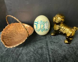 Copper Basket, Ostrich Egg  Dog Statue