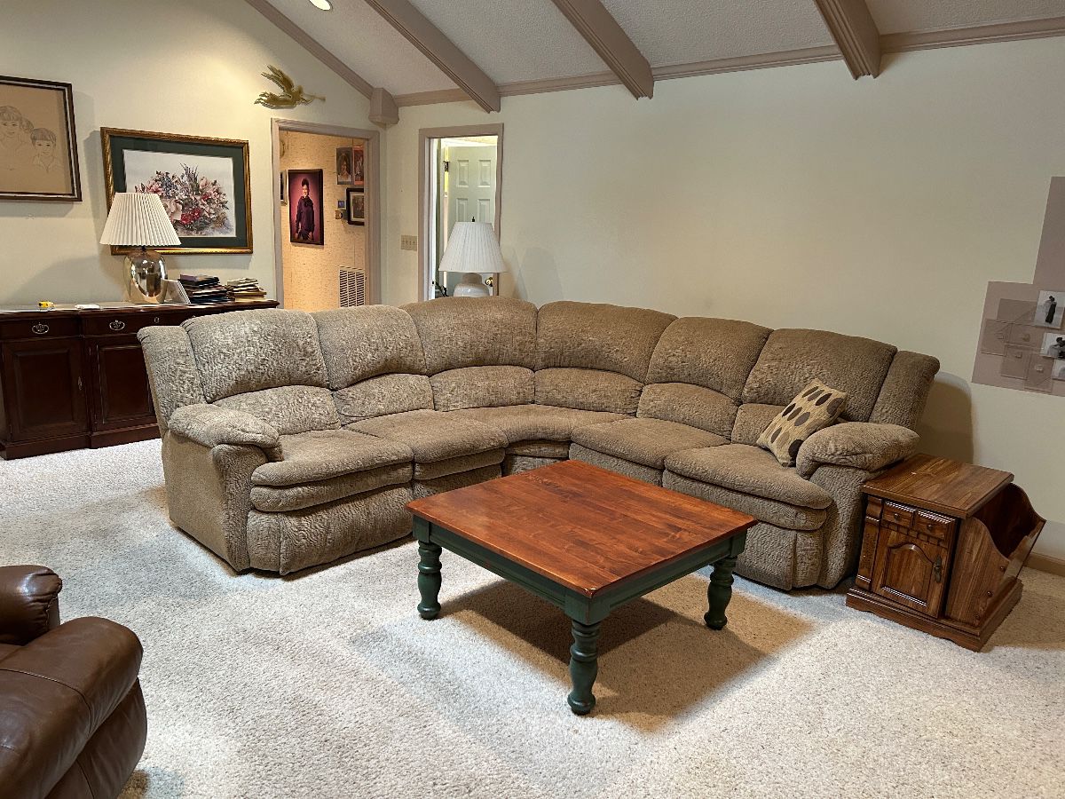 #1 sofa den Tan fabric sectional w 2 recliners sofa 3 pieces 84x84 $ 300.00