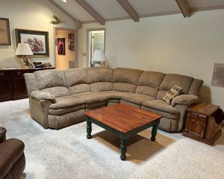 #1 sofa den Tan fabric sectional w 2 recliners sofa 3 pieces 84x84 $ 300.00