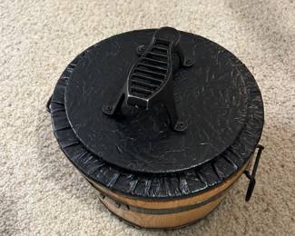 #169 Misc. - Mstr Whiskey Barrel w/Removable Black Top on One Side and Iron Shoe on the Reverse Side w/handles - 12x8 $ 40.00