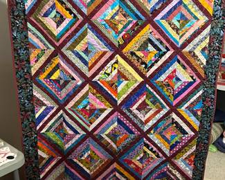 #159 Quilt - Mstr Scrappy Strip Pieced Squares on point - machine pieced and quilted - 58x44 $ 75.00