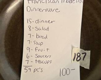 #187 Misc. - DR Franciscan Madeira China Set - Approx 59 pieces - Brown in color $ 100.00