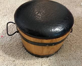 #169 Misc. - Mstr Whiskey Barrel w/Removable Black Top on One Side and Iron Shoe on the Reverse Side w/handles - 12x8 $ 40.00