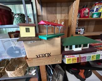 #135 Garage Lionel Set of 3 houses, bridge and railroad Crossing $ 25.00