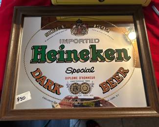#64 Beer - SR Heiniken Imported Special Dark Beer mirrored in a wood Frame - 18x15 $ 30.00