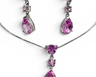 10k White Gold Necklace Earring Set w Pink Stones 5.4g