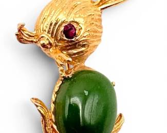 14k Gold Bunny Brooch w Green Stone Belly 5.45g