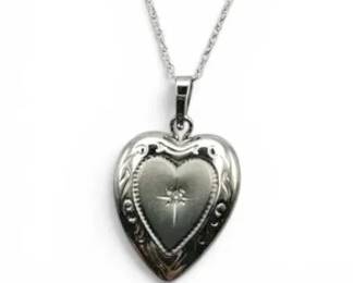 14k White Gold Heart Locket Necklace w Diamond Accent 2.2g