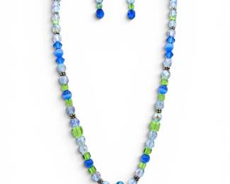 Sterling Silver Green Blue Beaded Necklace and Earring Set 38g