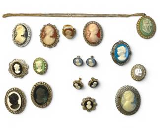 Glass Plastic Cameo Brooches, Earrings, More