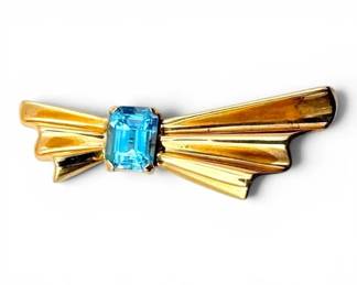 14k Gold Brooch w Blue EmeraldCut Gemstone 4.80g