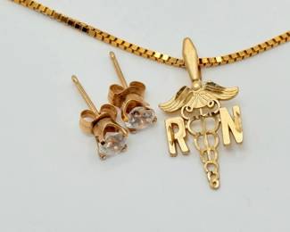 14k Gold RN Caduceus Pendant w 18 Chain Earrings 5.1g Total