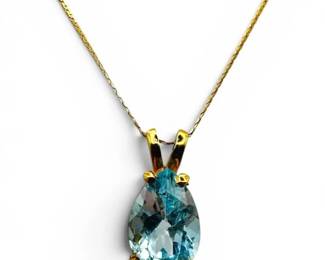 14k Gold Necklace w Aquamarine Teardrop Pendant