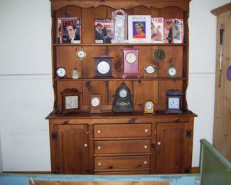 large antique hutch cabinet - variety of clocks - etc