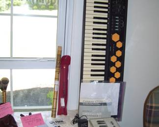 casiotone ct-510 electronic keybord - cybersound midi keyboard - casio vl-1 minin keyboard - moroccan 3 string gunibri made of tortoise shell - bamboo flute
