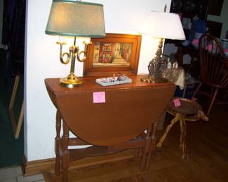drop leaf table - lamps- art work