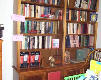 bookcase - 2 new e-readers - bookends - hardcover books 