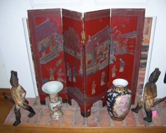 asian f/p  screen -  asian vases - antique hessian soldier andirons
