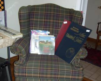 plaid wing back chair - books