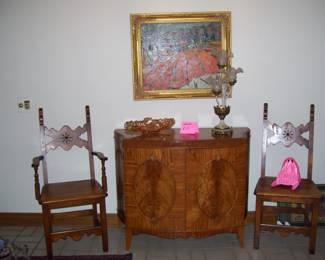 burled regency style foyer cabinet- italian oil painting - spanish revival chairs