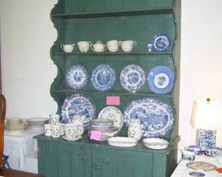 large bluish green antique hutch - vtg dishes