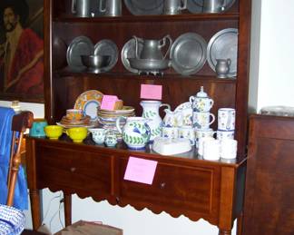 antique hutch w/2 drawers - vtg pewter - italian dinnerware