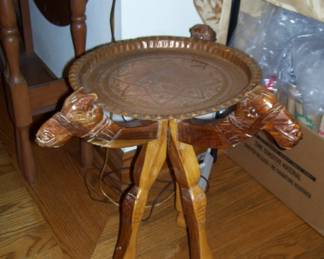 egyptian hand carved tripod camel base with engraved copper top tray 