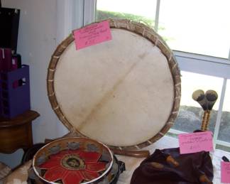 vtg tunisian bagpipe of goatskin and cow horns - shamanic/native american style natural hide head drum - riqq tambourine