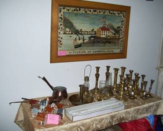 variety of brass candlesticks - 24" tapers - copper ladles - vtg english norfolk min cottages