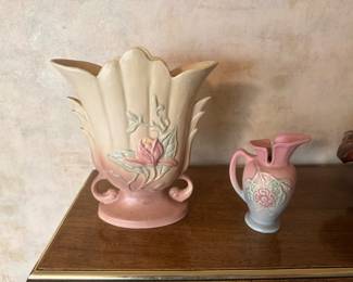 Vintage Hull Art Pottery. Wild rose pitcher with ruffled spout (1940s-1950s) and magnolia pattern vase (1946-1947).