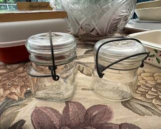 Pair of antique canning jars with wire bail lids. Late 19th century. (Lightning or bell jars.)