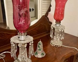 Vintage Cranberry Glass Electric Lamps with crystal bases. Late 19th century.