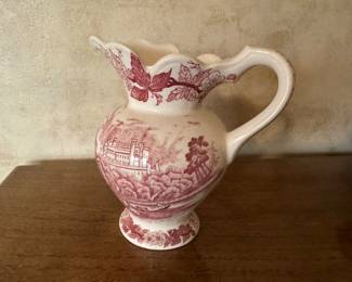 Red Transferware Ceramic Pitcher (Johnson Brothers?) from England. Circa 1880-1920.