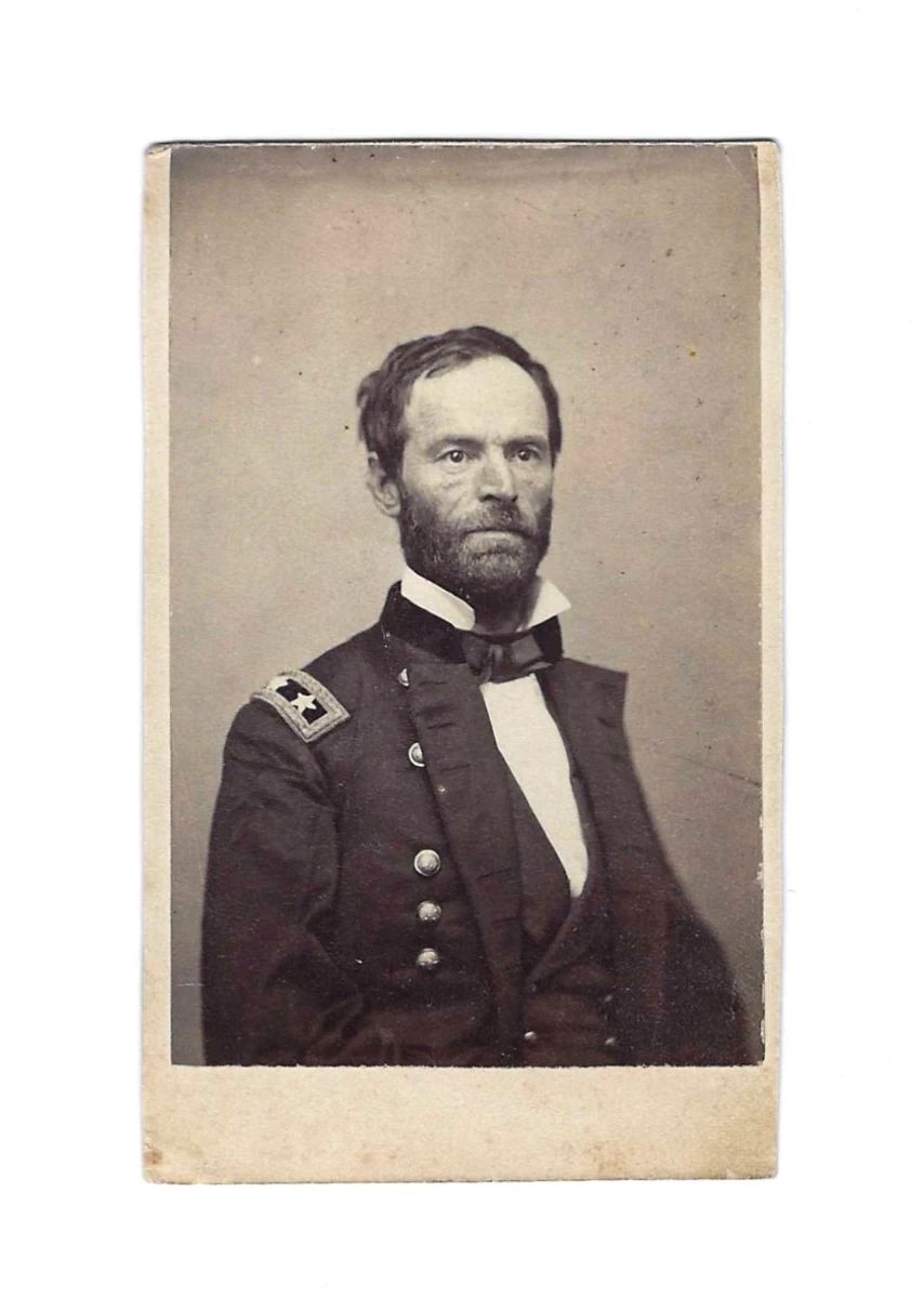 Civil War CDV of Major General Tecumseh Sherman, commanding the Military Division of the Tennessee.  This is one of a collection of 31 Civil War CDV (Carte de Visite) photographs in this auction that belonged to Edward Bunt Moore, who served in the 54th Regiment of the Ohio Volunteer Infantry, a Zouave unit created in October, 1861. Moore was mustered into the Regiment on October 15, 1861 and served until January 4, 1865 with the ranks of Sergeant, 1st Sergeant, 1st Lieutenant and Captain. The Regiment fought at the battles of Shiloh and Vicksburg and served under General Sherman for nearly the entire Civil War, including his "March to the Sea". and the Battle of Atlanta.