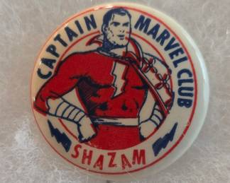 The Captain Marvel Club was established in 1945 by Fawcett Publications to promote the Captain Marvel comic book series. This celluloid button is 1" in diameter. It is in excellent condition as it was carefully stored out of the light for several decades. Many other pin back buttons from this collection, most in excellent condition and many from the 1890s, are also offered in this auction. 