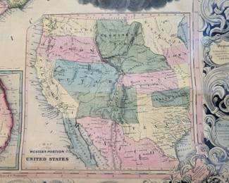 1854 Map United States Ensign Bridgman Fanning. Rare map in good condition on its original rollers from a formative period in the history of the US. The map is linen backed and measures 36" long and 46" tall. I believe this is the 1860 statistical edition which incorporates the 1860 census data in vignettes for the state around the edge. Published by well prominent New York City map makers Edward H. Ensign, Erastus C. Bridgman and Thomas C. Fanning, whose offices were located at 156 William Street. The original patent date was 1845. CONDITION NOTES: The map is on its original rollers and mounted on linen. It is still quite flexible and rolls easily. The surface has a glossy coating which has yellowed with age. There is one tear at the top right corner with no loss of material (see close up photo) where the map has come away from the linen backing. Good color with some foxing from age. We are happy to supply additional information or photographs of this rare map.