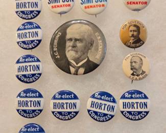 US Gov & Congress Campaign Buttons WY NE MI. Includes: 1) Charles Henry Dietrich, elected Governor of Nebraska in 1901 2) John P.A. Black, a political associate of Charles Henry Dietrich who ran unsuccessfully to succeed him after he resigned in 1901 to become a Senator. 3) Frank O. Horton, elected in 1938 as a Wyoming Congressman and served 1939 to 1941. This button is from his unsuccessful re-election campaign in 1940. 4) Milward Simpson, elected as US Senator from Wyoming in 1962 and served until 1967. He was Alan Simpson's father. 5) Julius Caesar Burrows, elected to the US House and Senate from Kalamazoo, Michigan and served from 1895-1911. This is a 1 3/4" button.