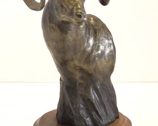 1980s bronze sculpture of a bighorn sheep ram by Cody, Wyomiing artist James Marsico. One of several pieces by the artist in this auction.