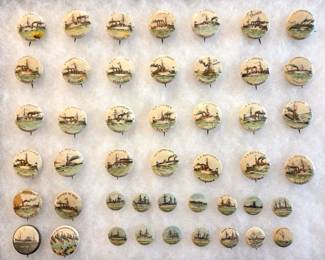 This is an extraordinary collection of "The White Squadron" or "US Warships" series of celluloid pin back buttons produced by Whitehead & Hoag as insert premiums for American Pepsin Gum during the Spanish American War of 1898. There are (14) 3/4" diameter buttons and (32) 1 1/4" buttons in the collection. including the USS Stiletto. I have included many photos of both the fronts and backs of the buttons. Many other pin back buttons from this collection, most in excellent condition and many from the 1890s, are also offered in this auction.