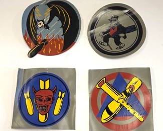 Unused WW2 flight jacket decals. These are rare original large WW2 water-transfer decals made to be applied to leather flight jackets, footlockers or flight helmets. 1) Bat-44th Bombardment Squadron. Created by Walt Disney Studios. 2) Devil-510th Bombardment Squadron 3) Bomb & Machine Gun-3rd Bombing & Gunnery  4) Dapper Gentleman (Jiggs)-11th Fighter