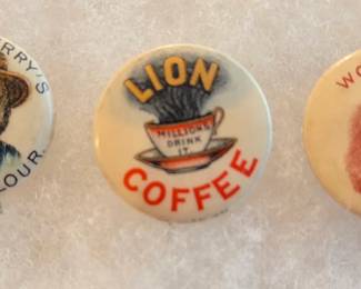 Dozens of early celluloid pin back buttons in excellent condition. Product advertising, comic book heroes, Spanish American War, Civil War generals, Yellow Kid and  others.